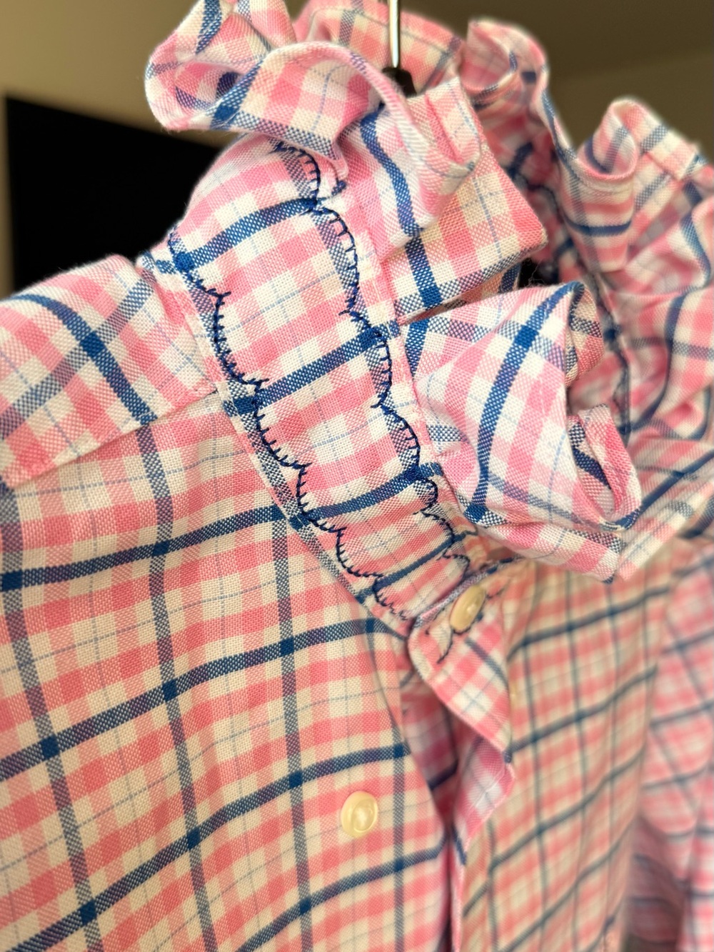 Brooks Brothers Pink and Blue Plaid Upcycled Ruffle Blouse S